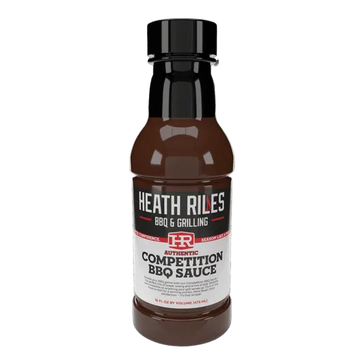 A front-facing view of a bottle of Heath Riles Competition BBQ Sauce.