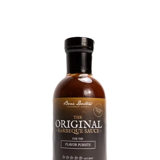 A front-facing bottle of Bone Doctors' Original Barbeque Sauce on a white background.