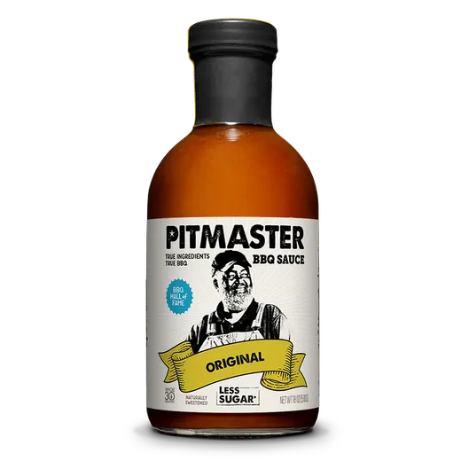 A front-facing bottle of Pitmaster Original BBQ Sauce isolated on white.