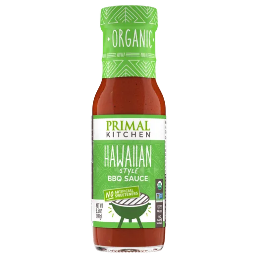 A full bottle of Primal Kitchen Hawaiian style BBQ sauce.