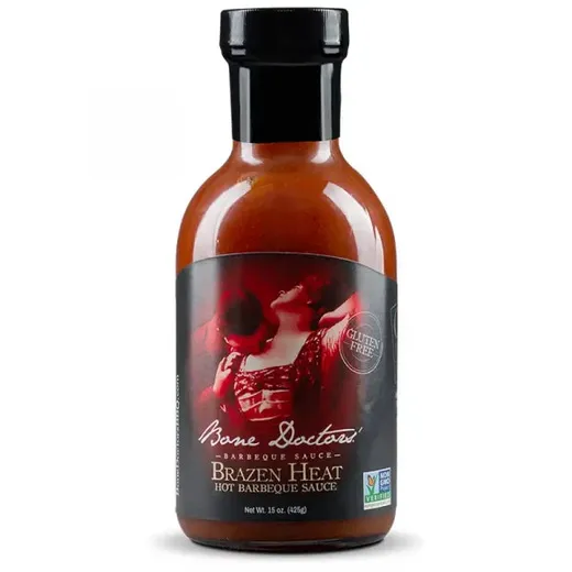 A single bottle of Bone Doctors' Brazen Heat Barbeque Sauce standing upright.