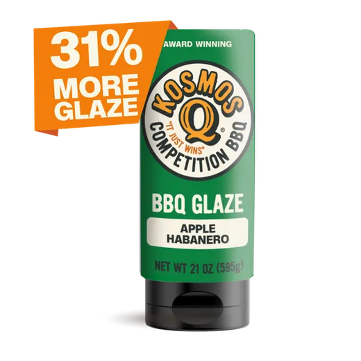 A bottle of Apple Habanero BBQ glaze with a promotional tag stating 31% more glaze.