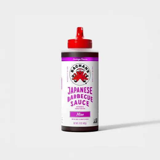 A bottle of Bachan's Japanese Barbecue Sauce Miso flavor is shown against a plain white background.