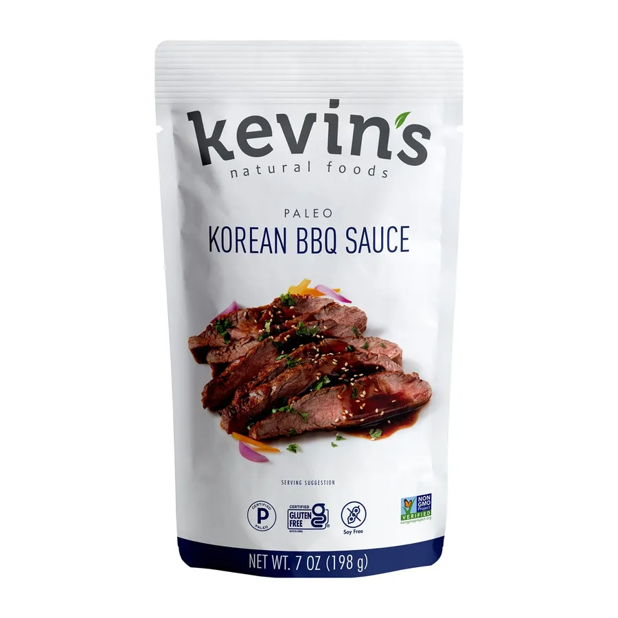 A pouch of Kevin's Natural Foods Korean BBQ Sauce on a white background.