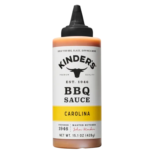 A full bottle of Kinder's Carolina BBQ sauce against a white background.