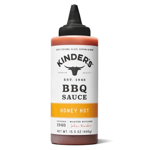 A studio product shot of a Kinder's Honey Hot BBQ sauce bottle against a plain background.