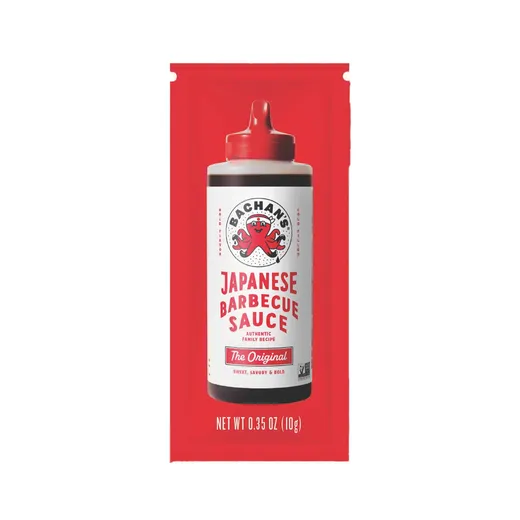 A single serving packet of Bachan's Japanese Barbecue Sauce against a red background.