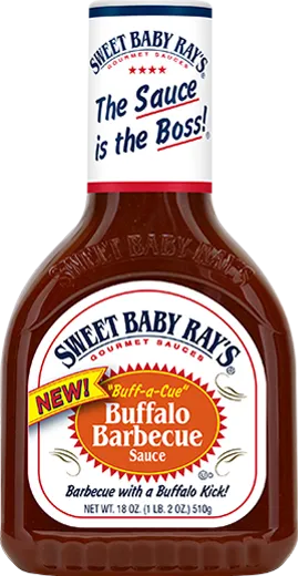 A studio product shot of a bottle of Sweet Baby Ray's Buffalo Barbecue Sauce.