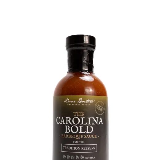 A standard bottle of Bone Doctors' The Carolina Bold Barbeque Sauce standing on a white background.