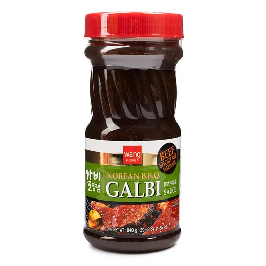A full-front view of the Wang Korea Galbi Korean B.B.Q. sauce bottle.