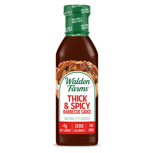 A front view of the Walden Farms Thick and Spicy barbecue sauce bottle.