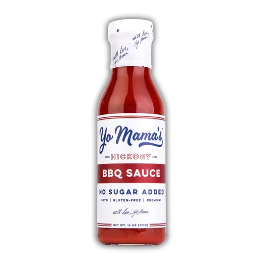 A bottle of Yo Mama's Hickory BBQ Sauce stands on a white background.