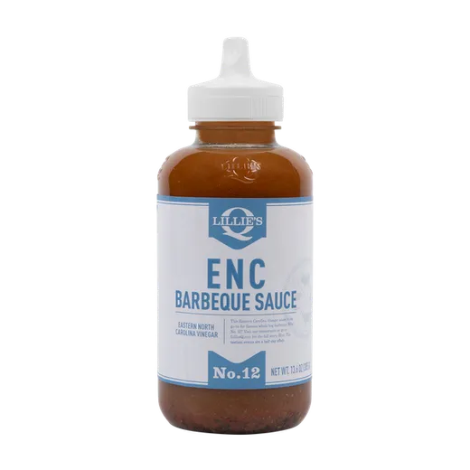 A front view of a Lillie's Q ENC Barbeque Sauce bottle.