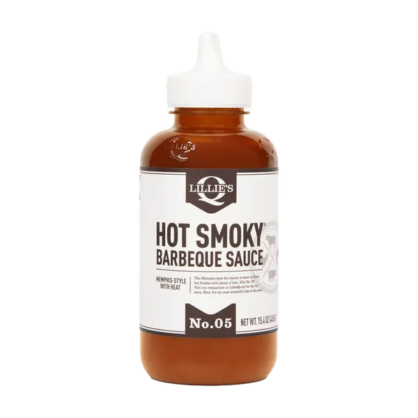 A clear front-view shot of Lillie's Q Hot Smoky Barbeque Sauce bottle.