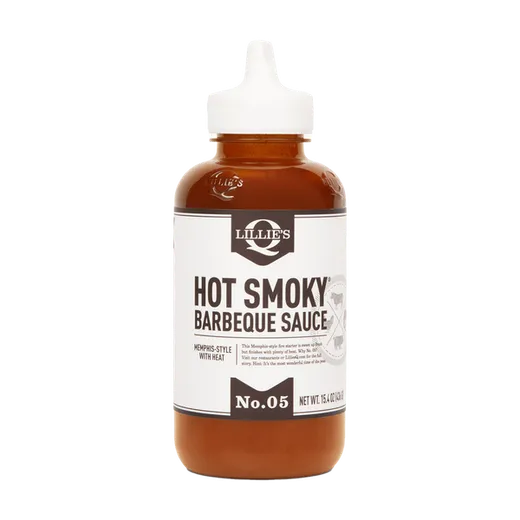 A clear front-view shot of Lillie's Q Hot Smoky Barbeque Sauce bottle.