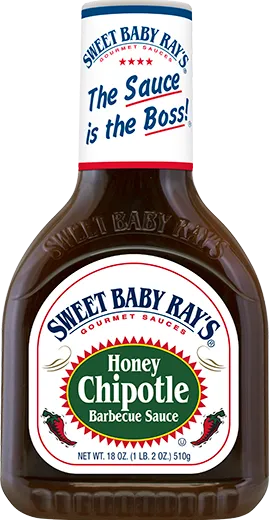 A bottle of Sweet Baby Ray's Honey Chipotle Barbecue Sauce isolated on a white background.