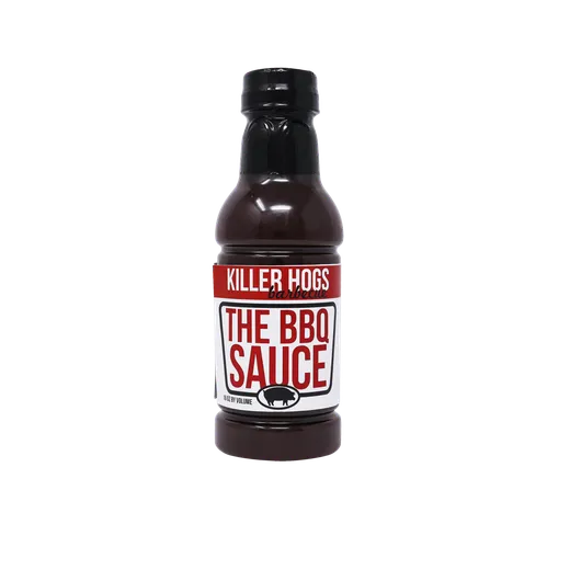 A bottle of Killer Hogs The BBQ Sauce against a white background.