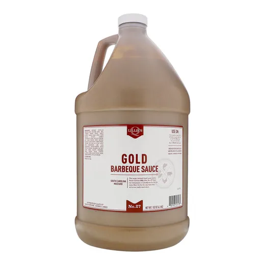 A large bulk jug of Lillie's Q Gold Barbeque Sauce.