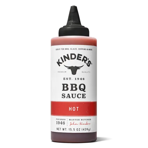 A studio product shot of a bottle of Kinder's Hot BBQ Sauce.