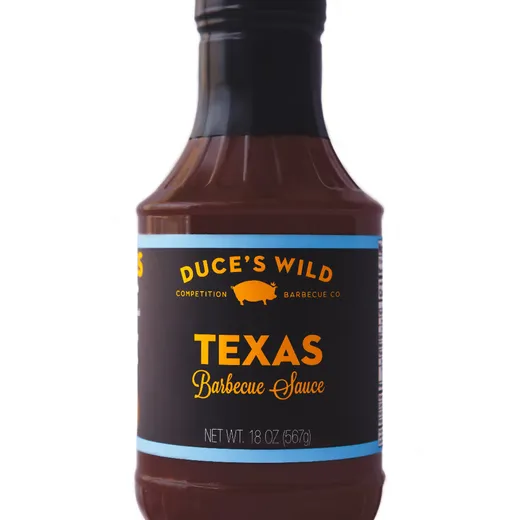 A front view of a bottle of Duce's Wild Texas barbecue sauce.