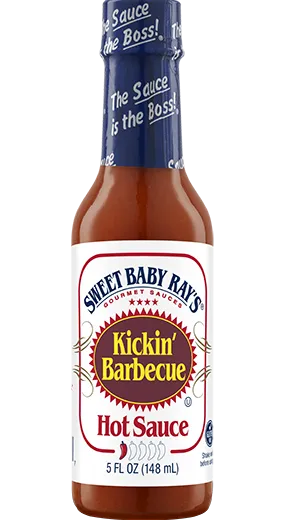 A clean shot of a Sweet Baby Ray's Kickin' Barbecue Hot Sauce bottle.