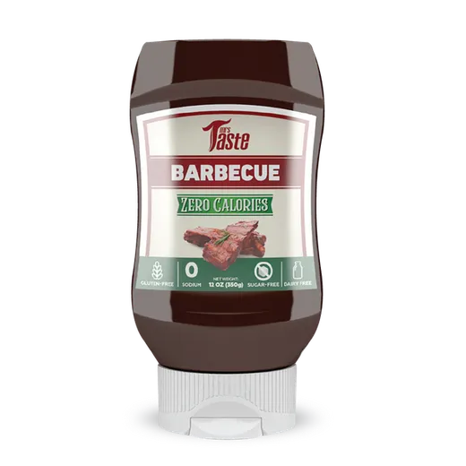 Mrs. Taste Barbecue sauce bottle on a black background.