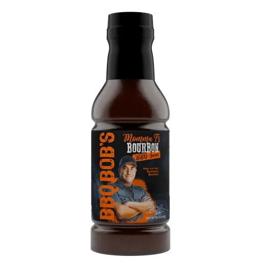 A bottle of Momma Ts Bourbon BBQ Sauce against a plain background.