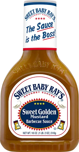 A squeeze bottle of Sweet Baby Ray's Sweet Golden Mustard Barbecue Sauce.