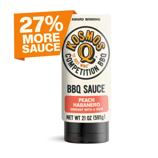 A bottle of Kosmos Q Peach Habanero BBQ sauce with a promotional banner.