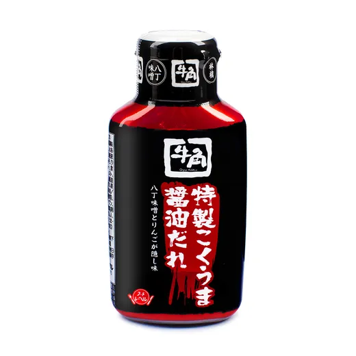 A front view of a Gyu-Kaku miso-based BBQ sauce bottle on a white background.