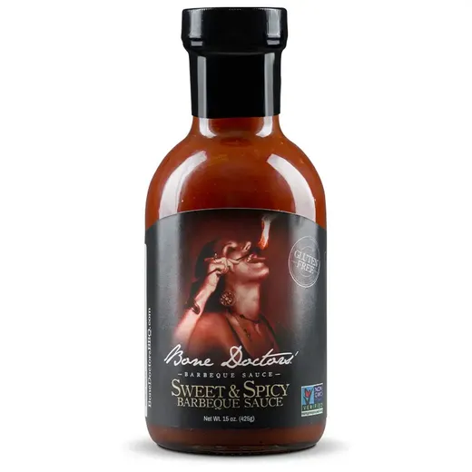 A bottle of Bone Doctors' Sweet & Spicy barbeque sauce.