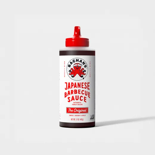 A bottle of Bachan's Japanese Barbecue Sauce against a white background.