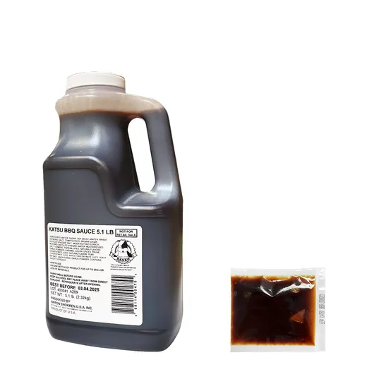 A large jug of Katsu BBQ Sauce beside a single-serving packet.