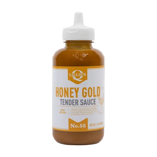 A front-facing view of a bottle of Lillie's Q Honey Gold Tender Sauce.