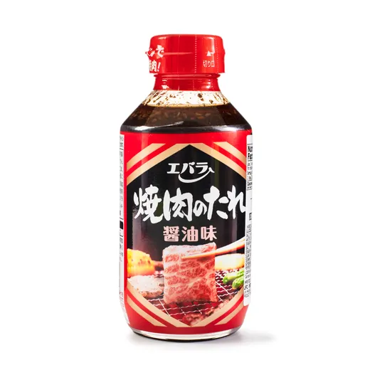 A front-facing view of the red-labeled BBQ sauce bottle.