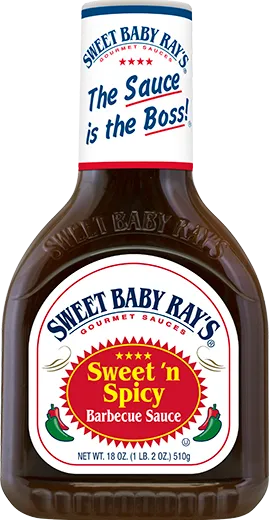A bottle of Sweet Baby Ray's Sweet 'n Spicy barbecue sauce.