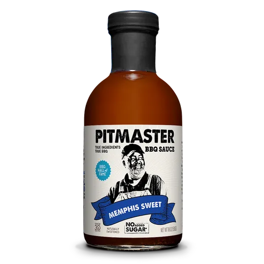 A single bottle of Pitmaster BBQ Sauce displayed against a black background.