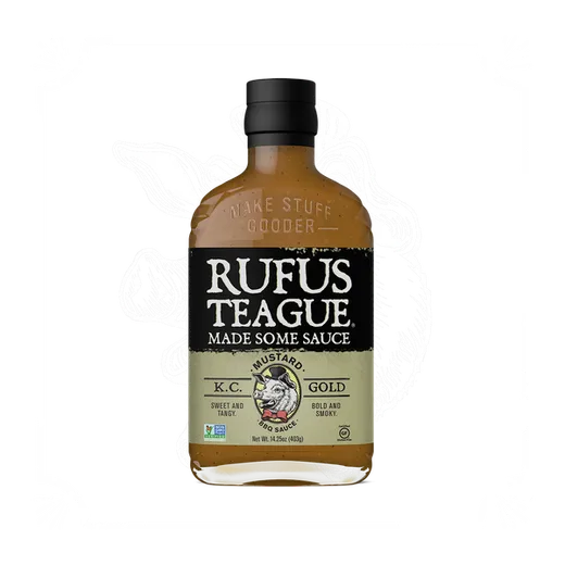 A front-view product shot of a bottle of Rufus Teague K.C. Gold mustard BBQ sauce.