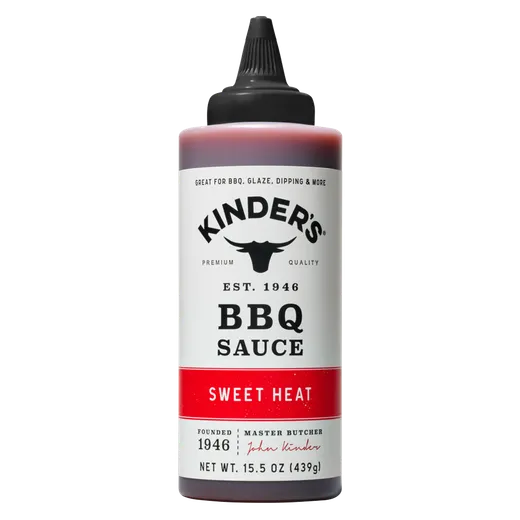 A full bottle of Kinder's Sweet Heat BBQ sauce against a white background.