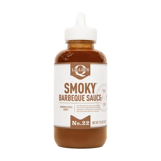 A front view of a bottle of Lillie's Smoky Barbeque Sauce.