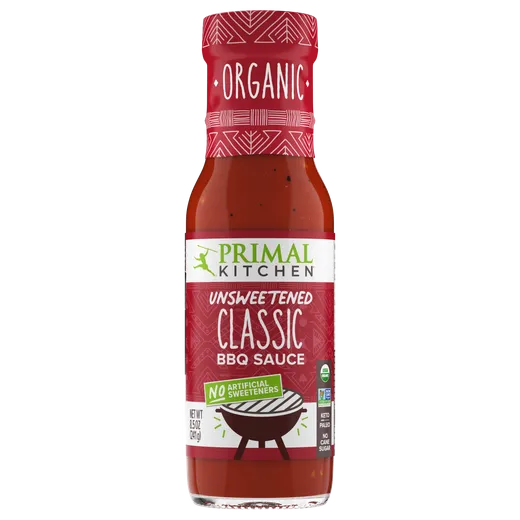 A bottle of Primal Kitchen Unsweetened Classic BBQ Sauce.