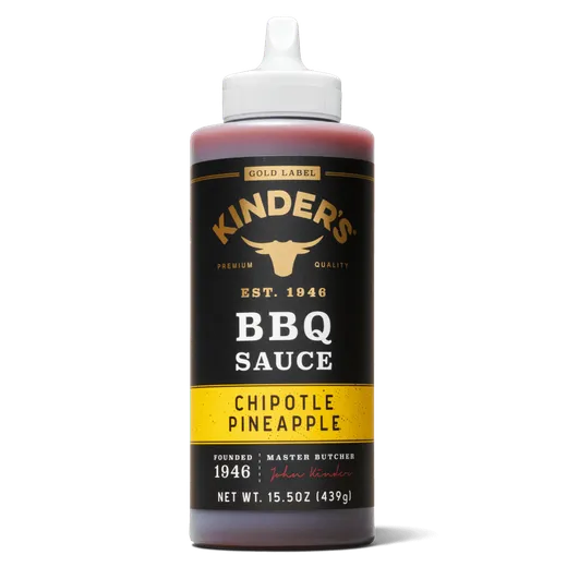 A black-labeled squeeze bottle of Chipotle Pineapple BBQ sauce.