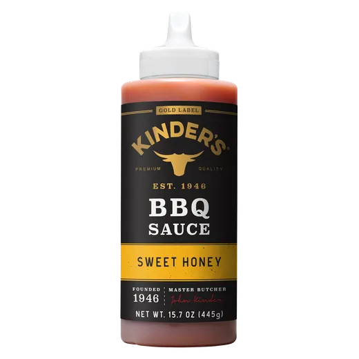 A bottle of Kinder's Sweet Honey BBQ Sauce.