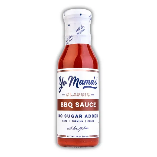 A front-facing view of a bottle of Yo Mama's Classic BBQ sauce isolated on a white background.