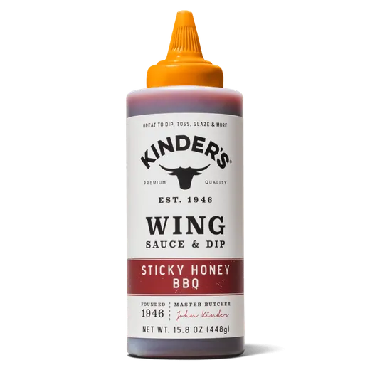 A bottle of Kinder's Sticky Honey BBQ Wing Sauce & Dip.