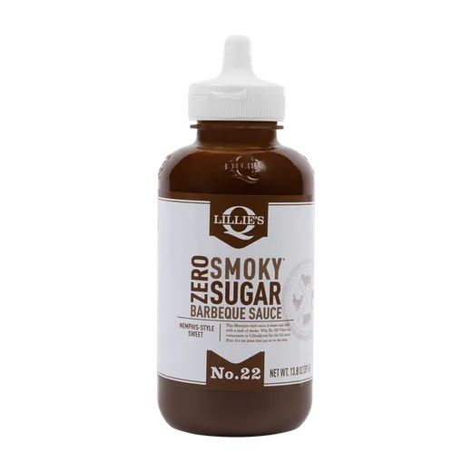 A full bottle of Lillie's Q Zero Sugar Memphis-Style Sweet Barbeque Sauce stands on a black background.