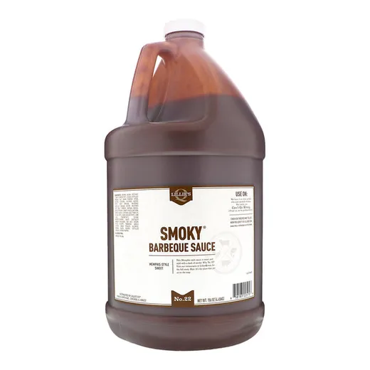 A full gallon jug of Lillie's Q Smokey Barbeque Sauce centered on a white background.