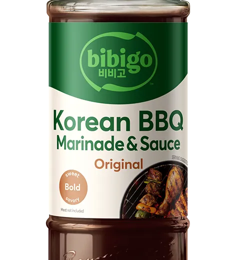 A clean shot of the new Bibigo Korean BBQ Sauce bottle design.