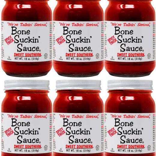 Love the flavor of Spicy Bone Suckin' Sauce®, but want something that will really stick to your ribs? We are pleased to offer our Bone Suckin' Spicy Thick Sweet Southern Sauce®. Elevate your barbecue experience with our sweet, tangy, tomato-based Barbecue Sauce, Bone Suckin' Sauce®. This thicker, spicier version of Bone Suckin' Sauce® delivers a one-of-a-kind blend of hot, tangy & sweet flavors. Ideal for marinating meats from land & sea.