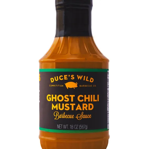 A front view of a bottle of Duce's Wild Ghost Chili Mustard Barbecue Sauce.